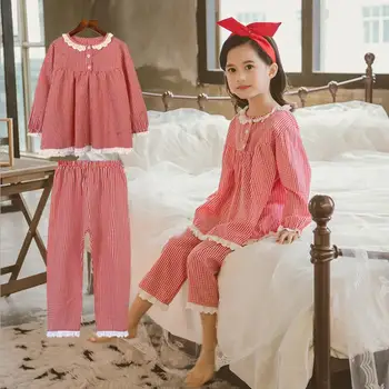 

Teenage grils plaid cotton sleep wear spring autumn new lace patchwork princess Pajamas baby clothes children home clothes ws883