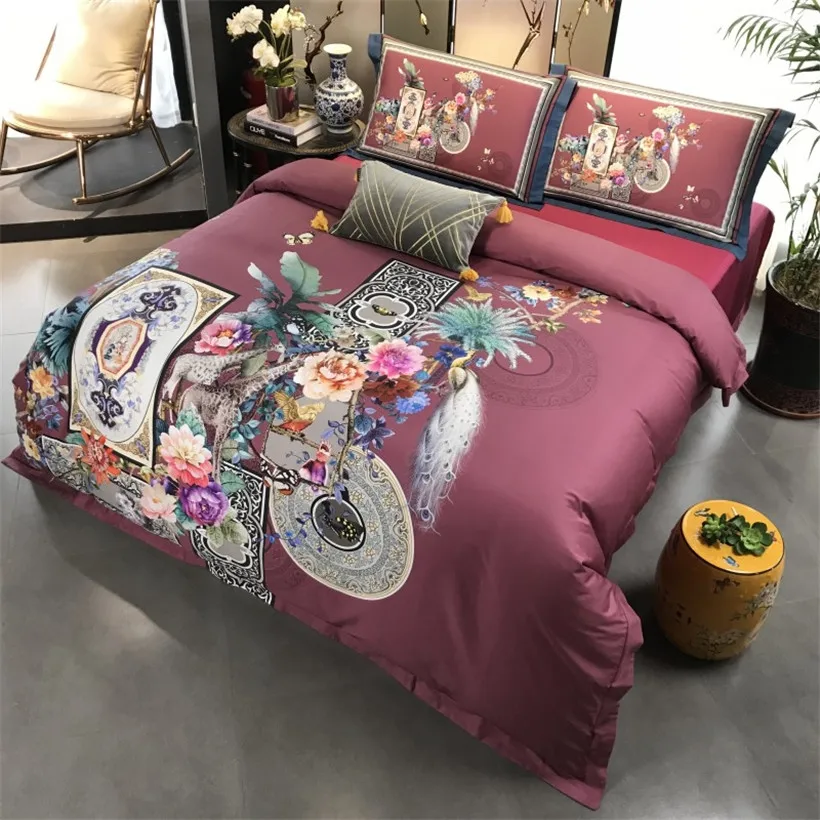 

1000TC Egyptian Cotton Birds Floral printed Duvet Cover Bed sheet/Fitted sheet Queen King size Bedding set Rich Color Not fade