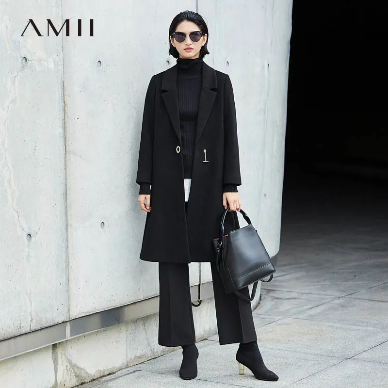 Amii минималистичное шерстяное пальто для женщин, зима, высокое качество, одноцветная, на одной пуговице, с карманами, Женская шерстяная куртка, пальто, длинное пальто