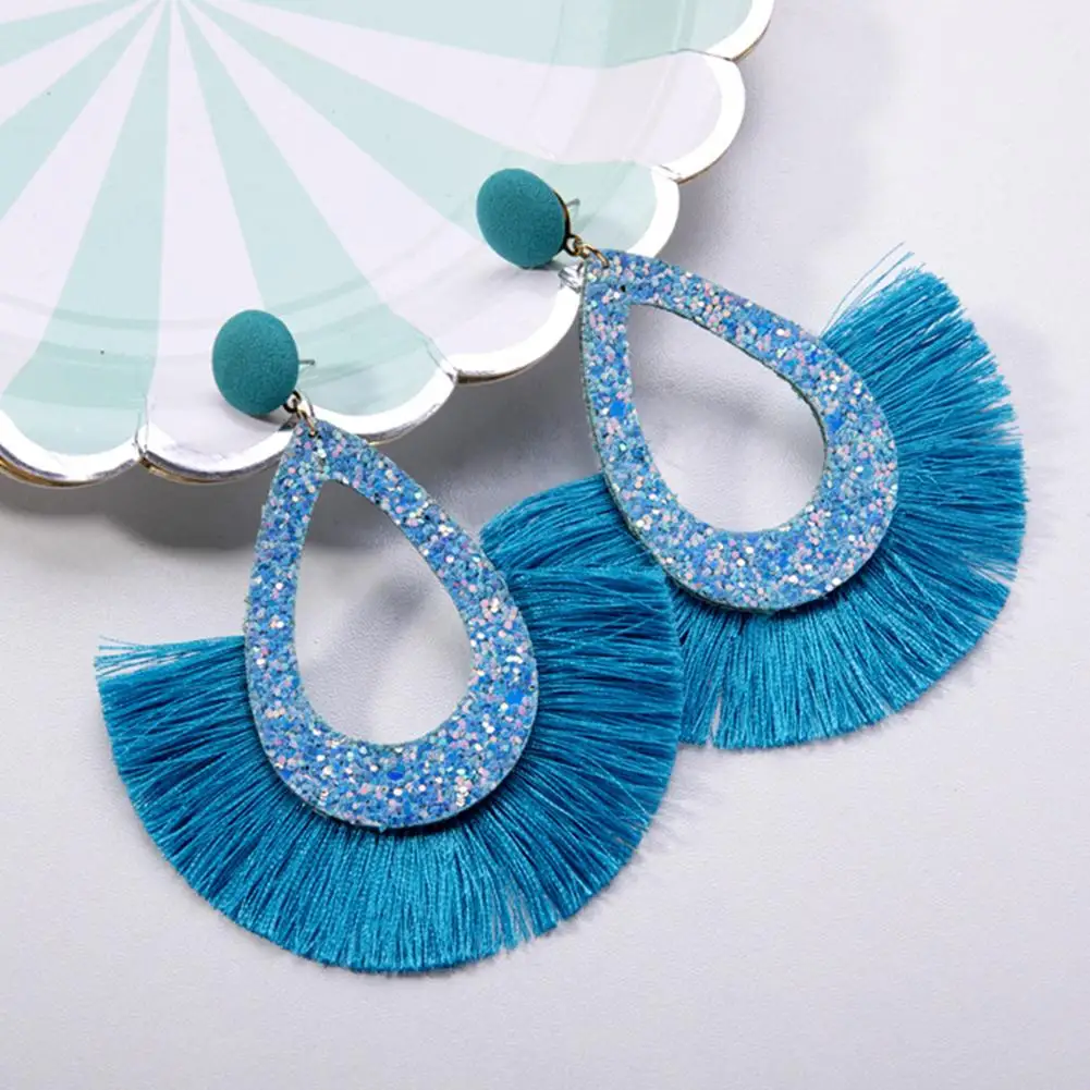 

Women Water Drop Sequins Fan Fringe Tassel Charm Statement Stud Earrings Jewelry New Hot