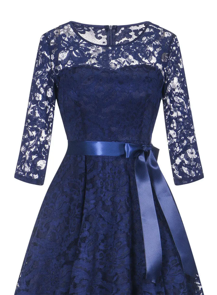 Gladiolus Hot 2018 Autumn Dress Women 34 Sleeve Sexy Lace Hollow Belt Tunic Midi Vintage Dress Evening Cocktail Party Dresses (23)