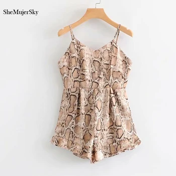 

SheMujerSky Snake Print Playsuit Backless Summer Strappy Romper 2019 Sleeveless Short Jumpsuits