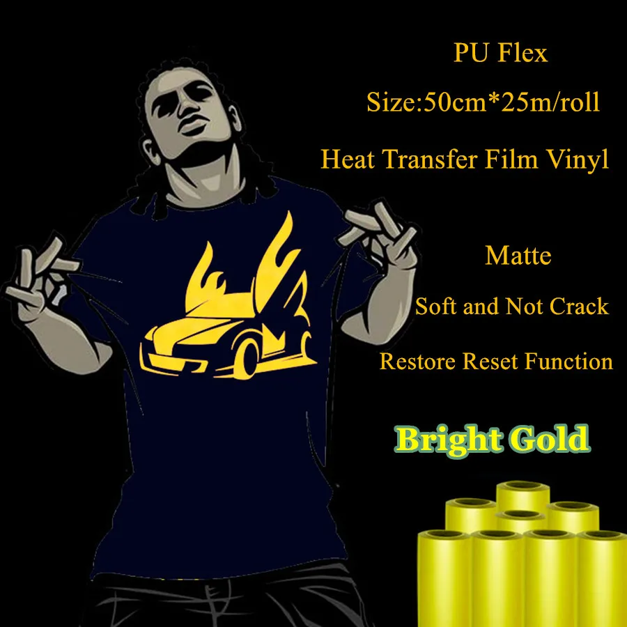 PU Flex Heat Transfer Vinyl For Clothing Bright Gold Color Matte Heat