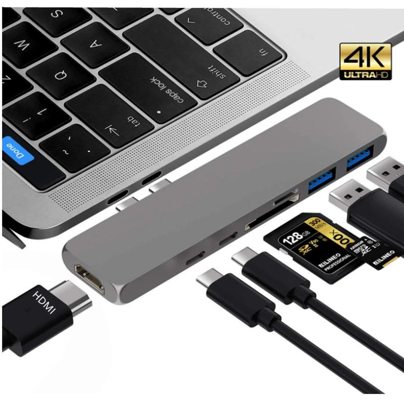 

For MacBook Pro Air Dual Type C Port 7 in 1 HUB To 4K HDMI Dual USB-C Converter USB 3.0 Splitter USB C Adapter TF SD Card Reader