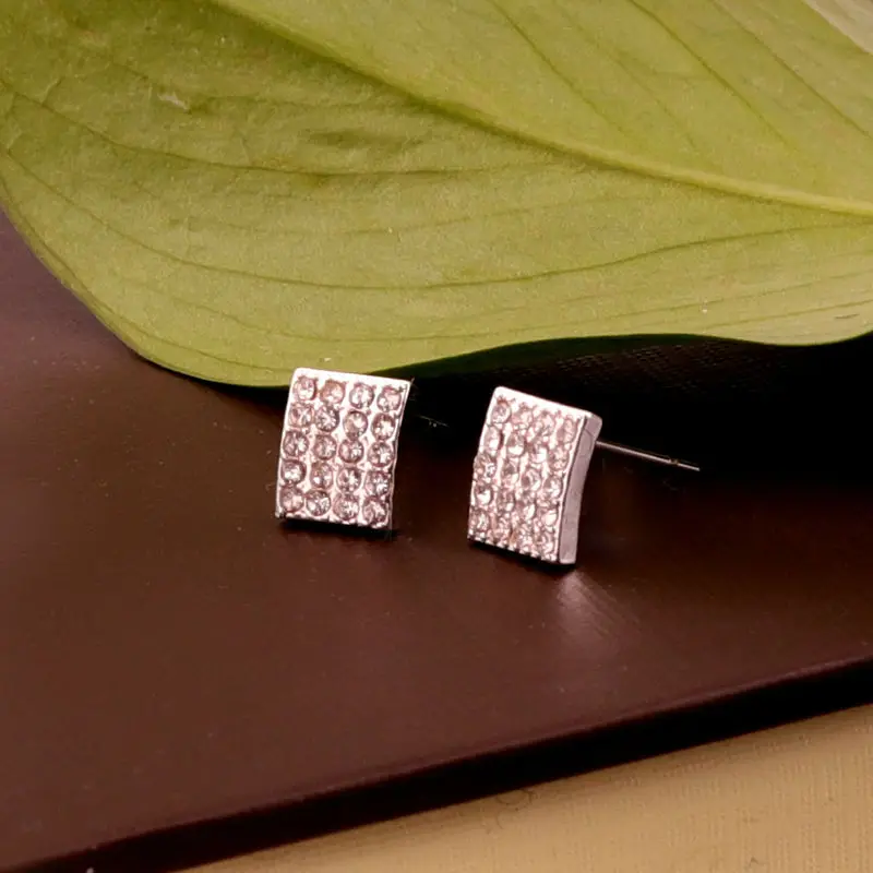 Fashion Rectangle Rhinestone Earrings Wholesale Copper Silver Plated Earrings Women Square Full
