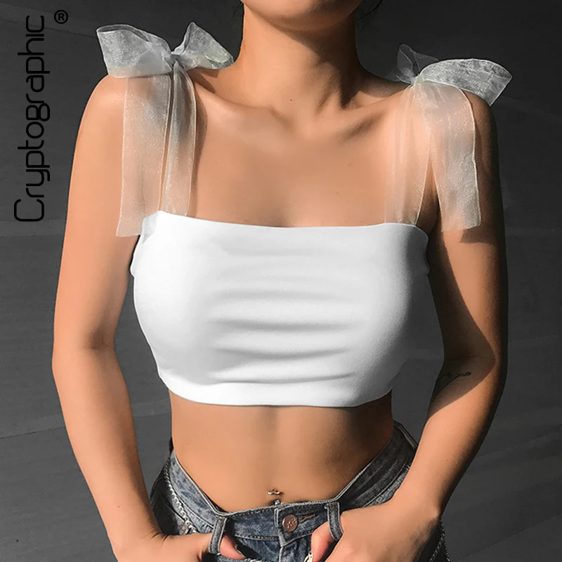 

Cryptographic Sexy Backless White Crop Tops for Women Summer Camis Top Bow Mesh Straps Sleeveless Tube Tanks Cropped Feminino