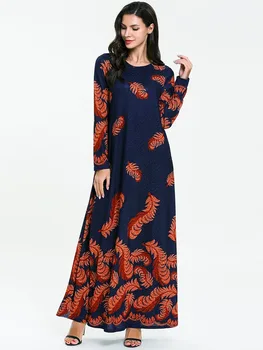 

2019 Spring Autumn Women Muslim Abaya Dress O Neck Long Sleeve Dress Printed Feather Blue Dubai Turkish Dress