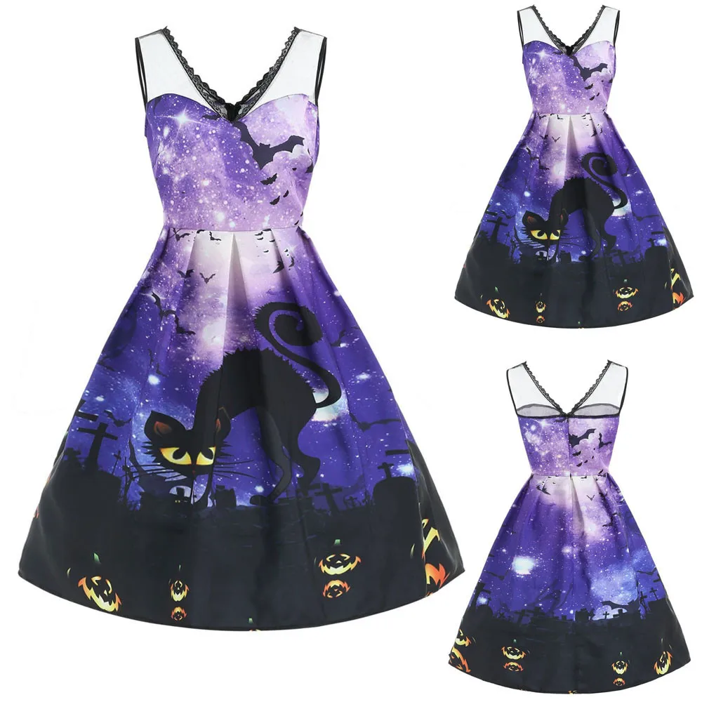 

Women Sleeveless Galaxy Print Cute Cat Halloween Evening Prom Costume Swing Dress Fashion Sexy V-neck Lace Stitching Dresses