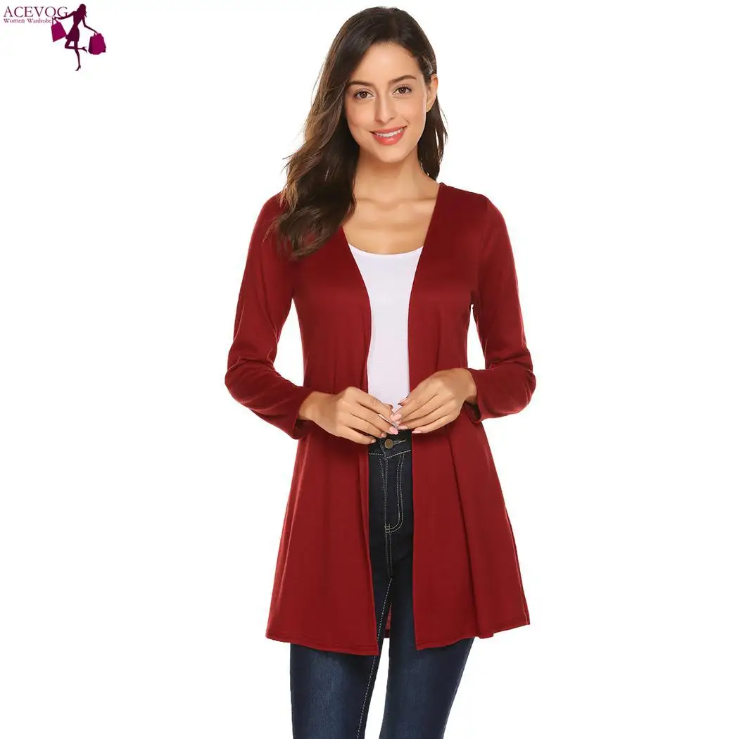 

ACEVOG Women Cardigan Open Front Casual Wine Fashion Long Sleeve V Neck Gray Solid Autumn Above Knee Light Black Red Sweater