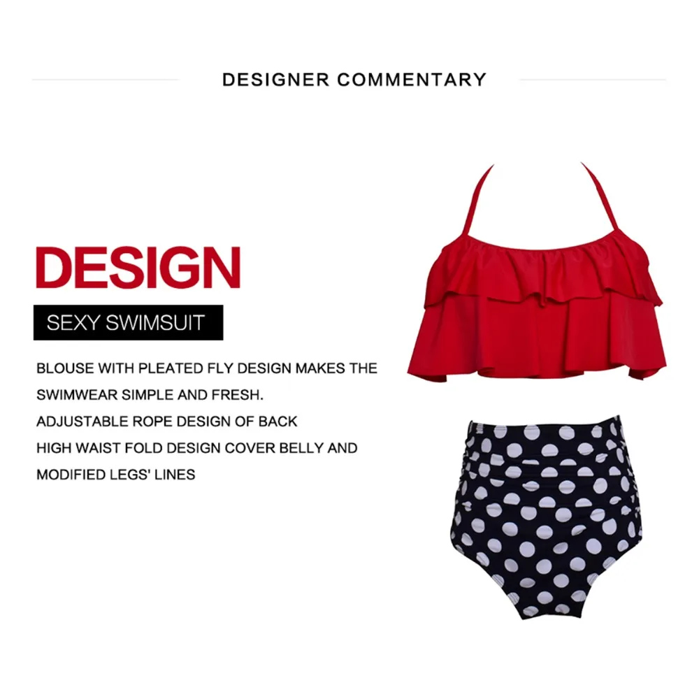 High Waist Swimsuit Woman Red Ruffle Solid Swimwear Two-piece Push Up Bikinis Bather Suit Tankini Swimsuit Fused biquini 5