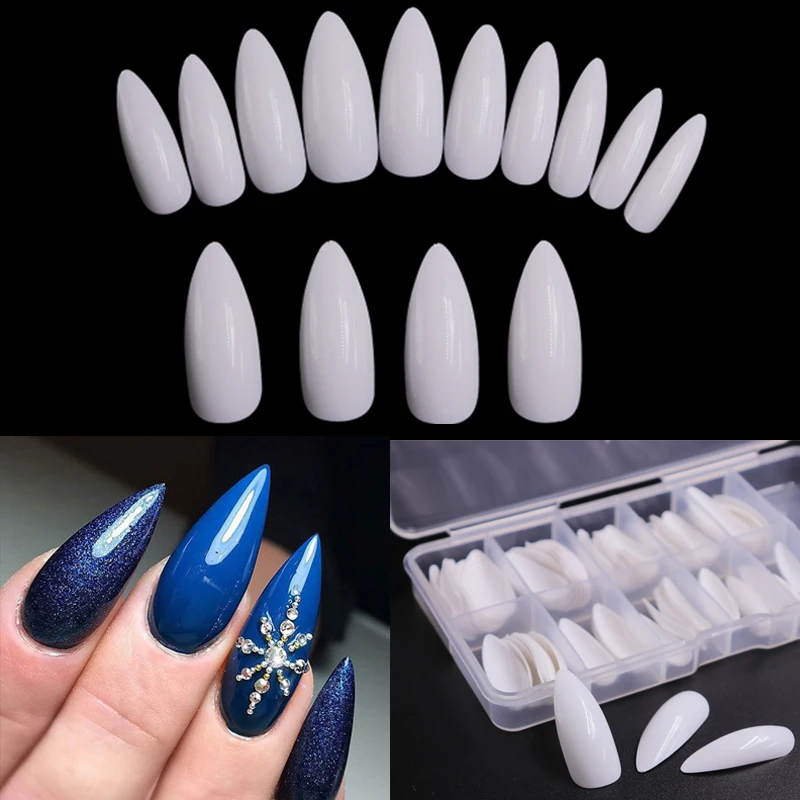 

100pcs/box White/Clear/Natural Long Full Cover Stiletto Flase Nail Art Tips Coffin Ballerina Nails Flat Shape Acrylic Fake Nails