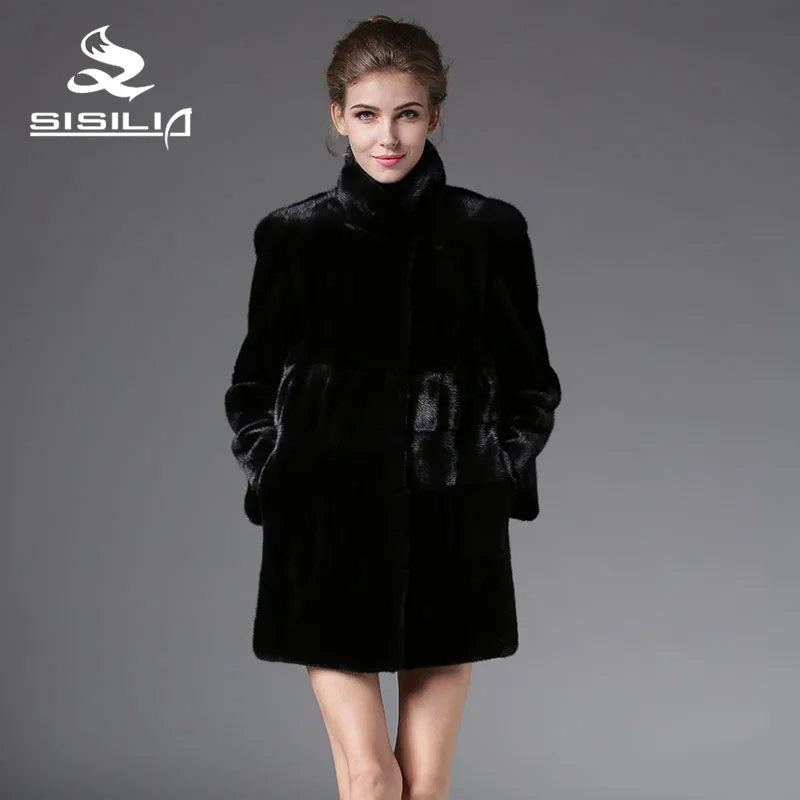 

SISILIA 2016 New Winter Women's Warm Denmark Full Pelt Mink Fur Long Style Black Color Outwear Coats 100% Real Natural Fur