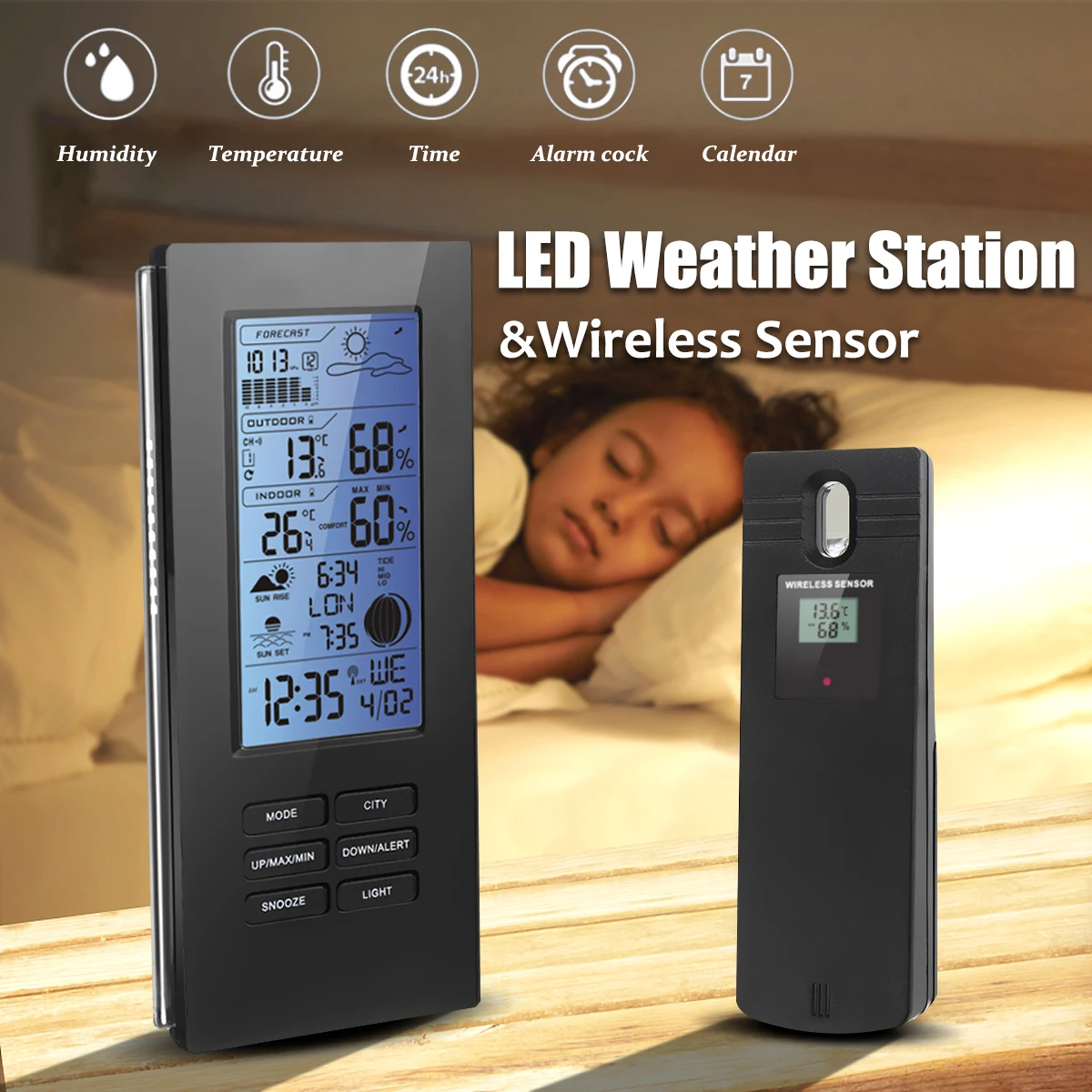 

Blue LED Digital Wireless Weather Station Indoor Outdoor Frost Alert LCD + Sensor Temperature Humidity Barometer RCC