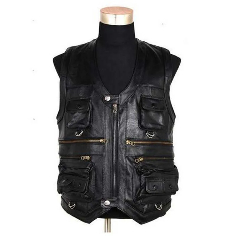 Image New Men s Waistcoat Genuine Leather Fishing Outdoor Reporters Suit More Than Pocket Quinquagenarian Men Cow Leather Vest Tops