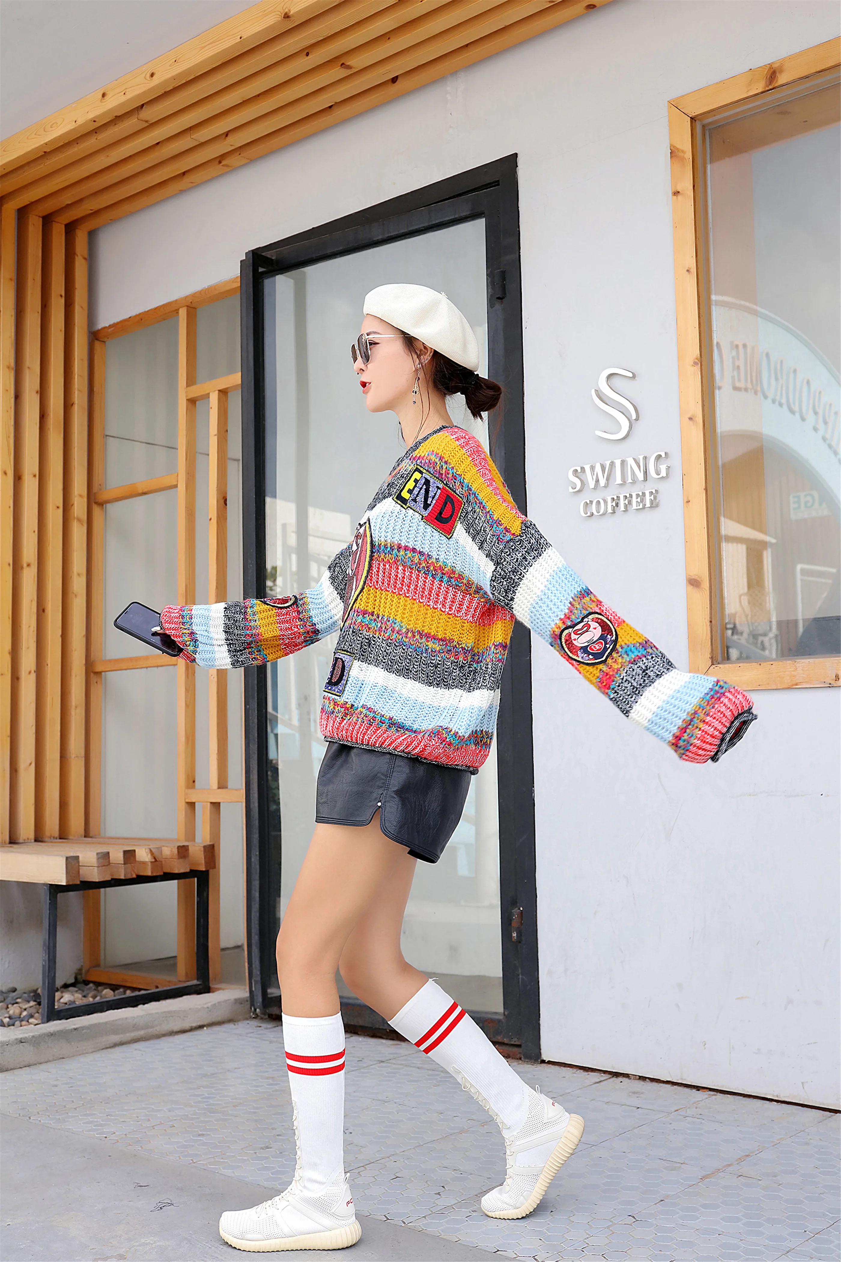 С круглым вырезом свитер с длинным рукавом Ранняя осень и зима 2018 г. новые женские тонкие свободные блузки пуловер свитер-пальто