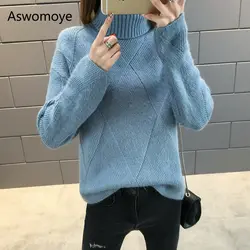 Мода 2018 г. свитер с воротником под горло утолщаются для женщин зимнее теплое пальто новый стиль трикотажные пуловеры для сплошной цвет
