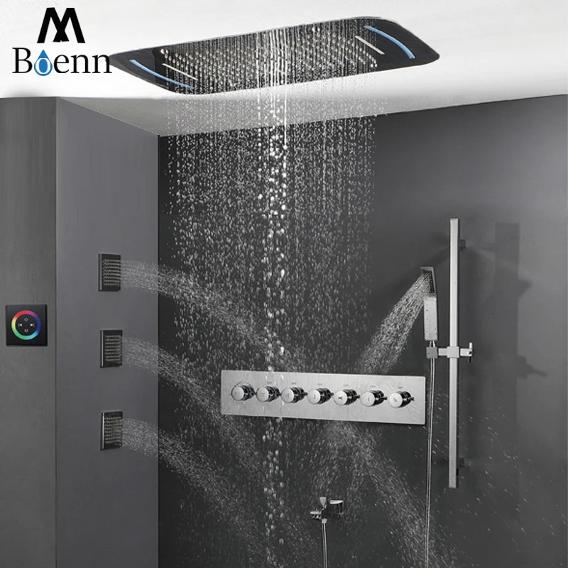 Thermostatic Mixer Valve Touch Screen Control LED Light Rianfall Shower Head Waterfall Bathroom Shower Set 71X43cm Misty Showers