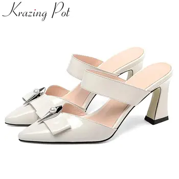 

Krazing Pot mules slip on genuine leather high heels women pumps butterfly-not decoration large size pointed toe party shoes L90