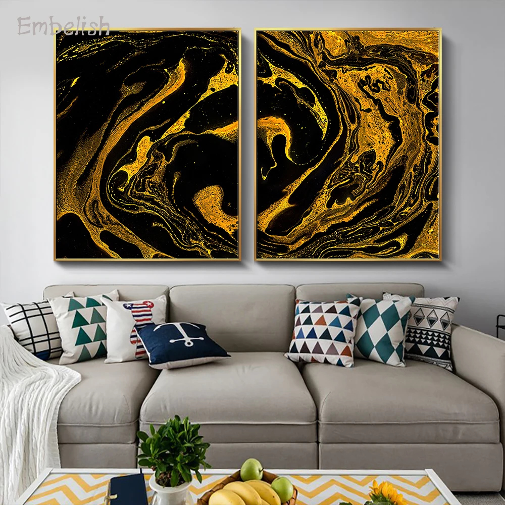 Embelish 2 Pieces Nordic Style Golden And Black Paints Large Wall Posters For Living Room Modern Home Decor HD Canvas Paintings | Дом и сад