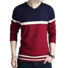 Бренд продаж мужской s весенний свитер в полоску с v-образным вырезом Мужская футболка с длинными рукавами хлопковый пуловер платье свитер Азиатский размер M-4XL
