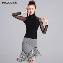 Sexy Long-sleeve Turtleneck Modal Irregular Tassel Skirt Latin Dance 2pcs set for women/female, Ballroom Tango Costumes MD7165