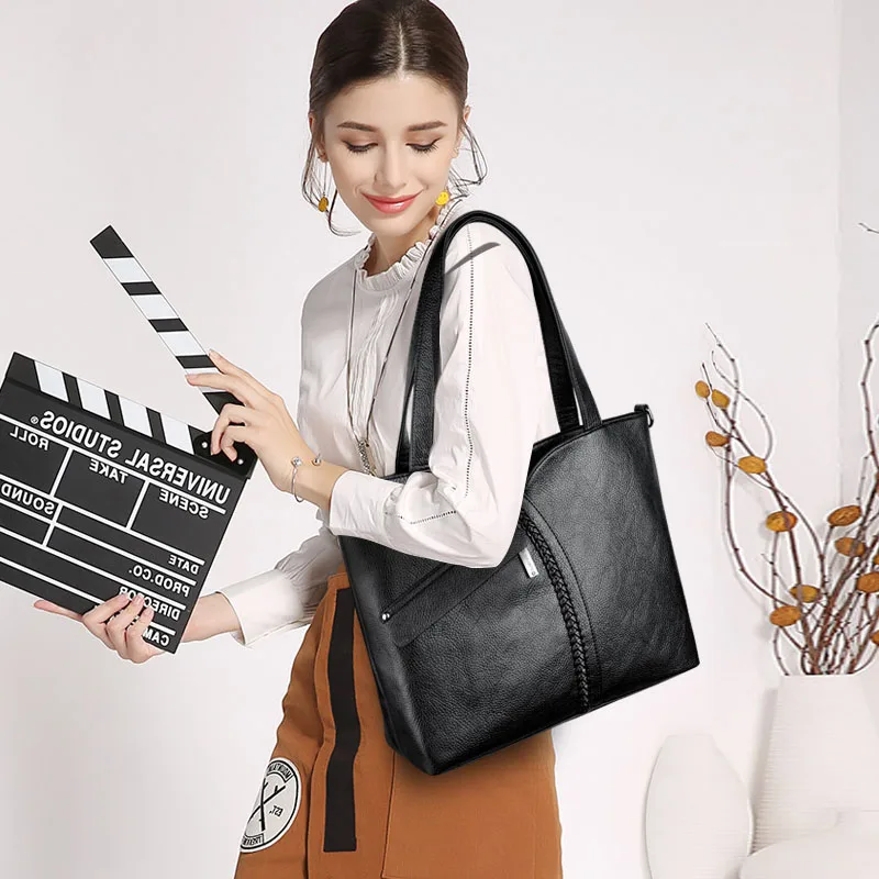  Luxury Women Genuine Leather Knitting Shoulder Bags 2 Sets Purses and Handbags Large Capacity Tote  - 32967643057