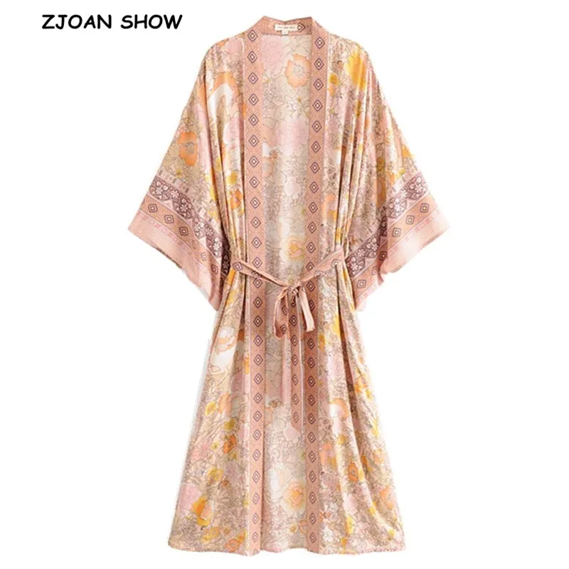 

2019 Bohemian V neck Horse Flower Print Long Kimono Shirt Ethnic New Women Lacing up Bow Sashes Long Cardigan Loose Blouse Tops