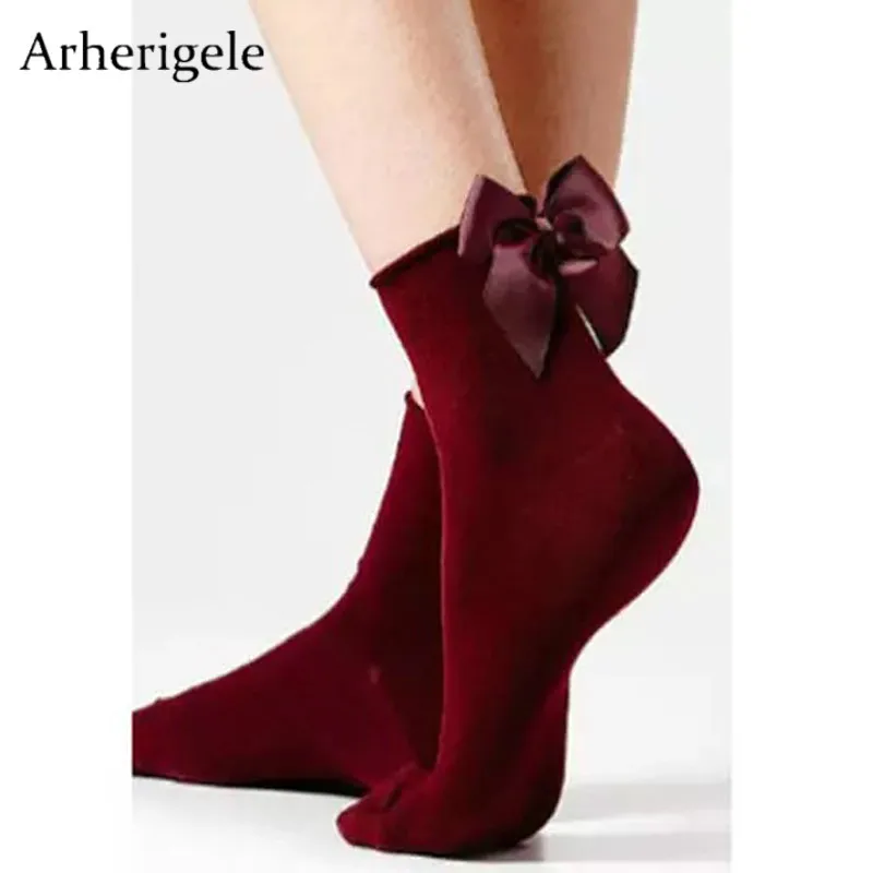 Arherigele Women's Socks Short Cotton Blends with Bowknot Socks Chic Streetwear Funny Female Cute Lolita Socks Calcetines Mujer