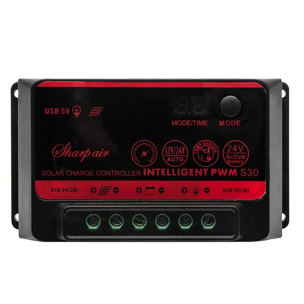 

30A 12V/24V PWM Solar Panel Charge Controller Car Boat Battery Regulator With LCD Display Red For Camper Van Caravan Motorhome