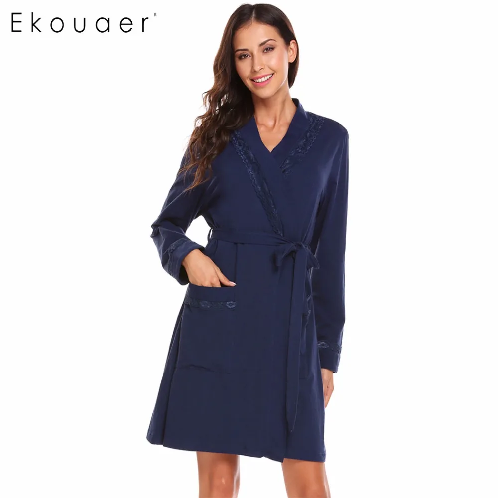 Ekouaer Soft Robe Sleepwear Women Cotton Nightwear Long Sleeve Slim