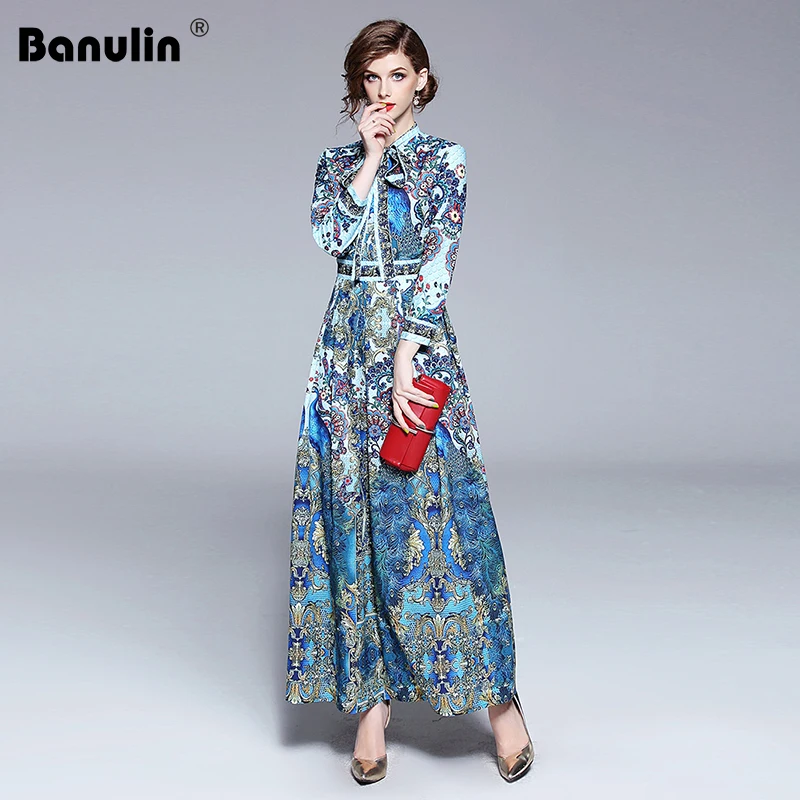 

Banulin New 2018 Fashion Runway Designer Summer Autumn Dress Women's Bow Collar Animal Floral Print Pleated Vintage Maxi Dresses