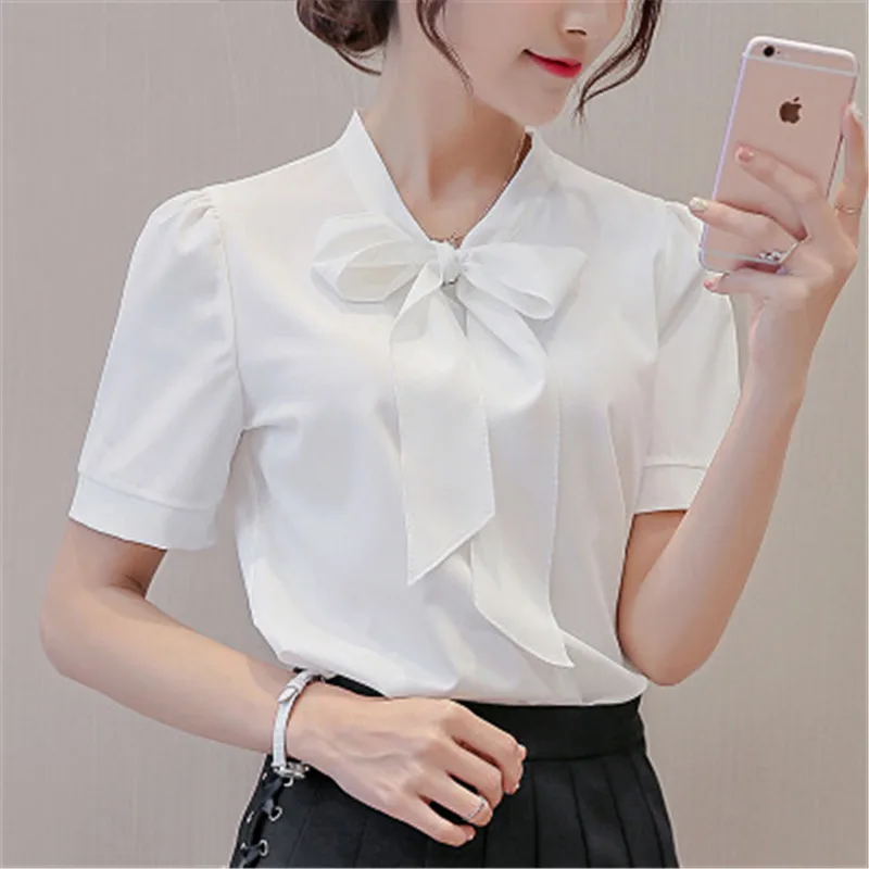 2019 New Summer Blouse Women Long Sleeve Shirts Fashion Leisure Chiffon Shirt Bow Office Ladies Pink White Tops Fashion