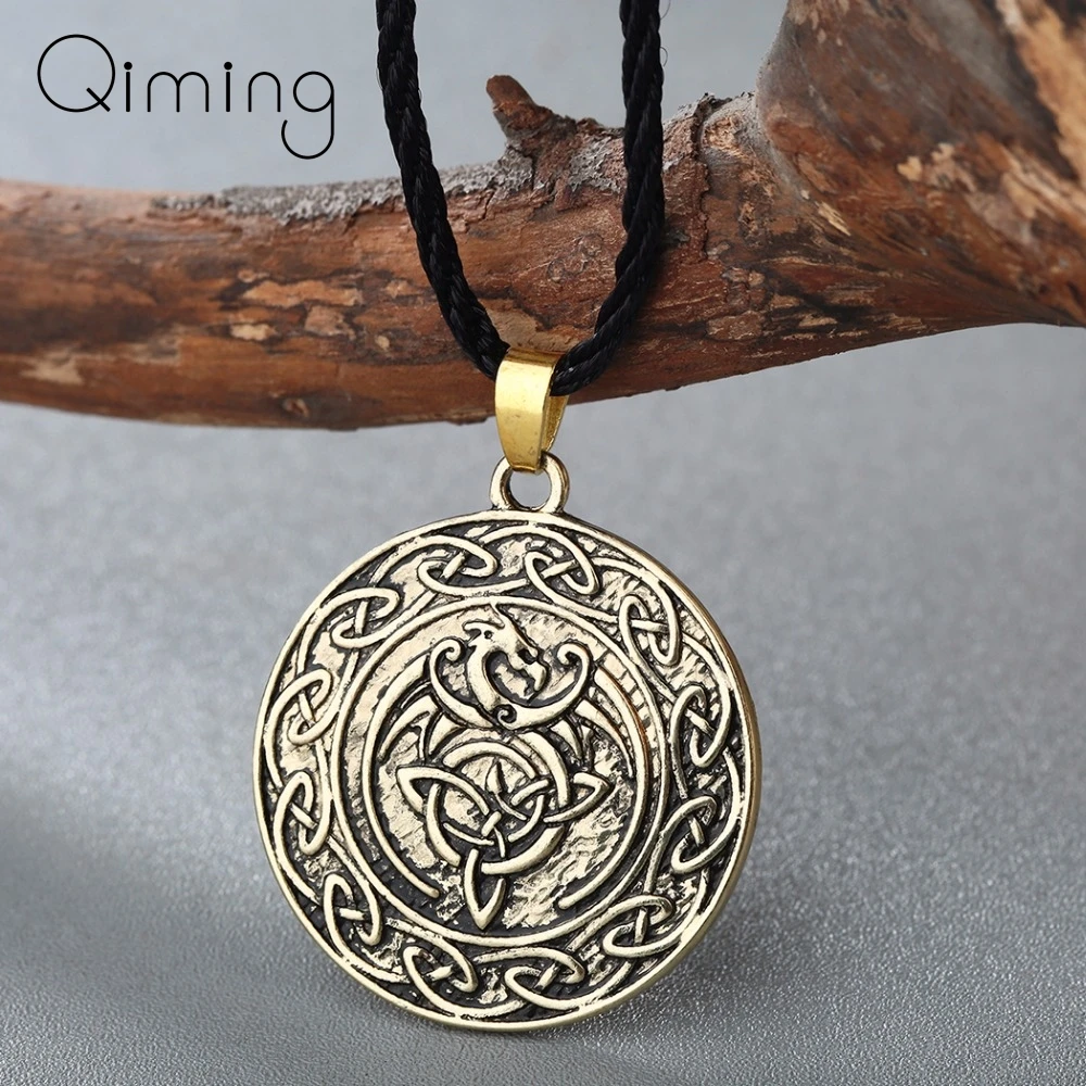 

Bronze Round Women Vintage Necklace Valknut Double Side Viking Slavic talisman Knot Celtic Dragon Pendant Necklace Chokers