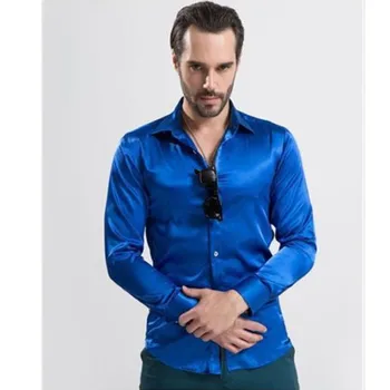 

New Fashion Shiny Silky Satin Dress Shirt Luxury Silk Like Long Sleeve Mens Casual Shirts Performance wear Size 38-44
