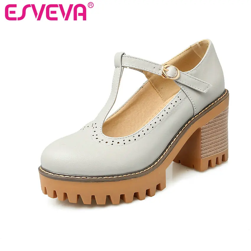 ESVEVA/ г. Пикантные женские туфли-лодочки весенне-Летняя женская обувь из искусственной кожи на платформе с Т-образным ремешком и круглым носком на высоком квадратном каблуке размеры 34-43