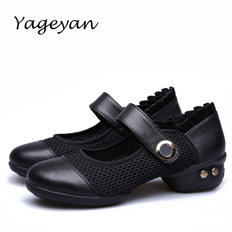 PU Mesh Breathable Black Red Women Modern Dance Shoes Hook-loop Platforms Anti-slip Rubber Soles Women Dance Sneakes EUR34-42