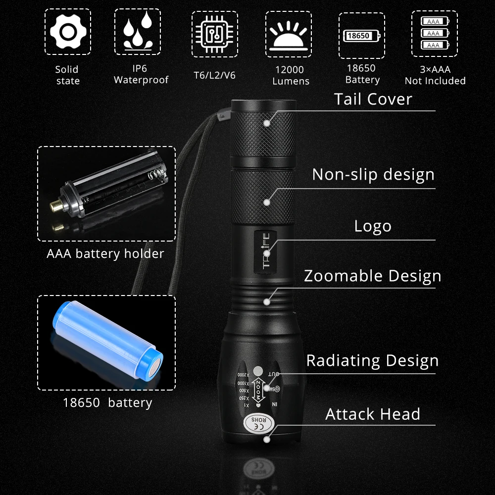 6000 Lumens Flashlight CREE XM-L T6 Torch High Power Adjustable LED Flashlight +DC/Car Charger+18650 Battery+Holster Holder