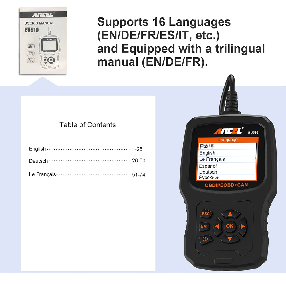 Ancel EU510 OBD OBD2 сканер четкий код неисправности двигателя более 48 автомобилей