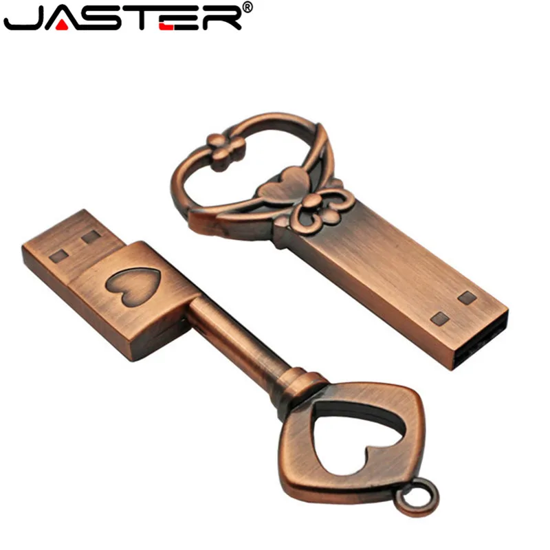 

JASTER copper love heart shaped key usb flash drive pendrive pen drive 4gb 16gb 32gb 64GB metal keys memory Stick wedding gift