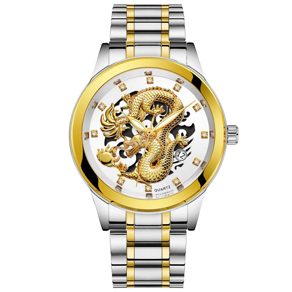 Часы Для мужчин Роскошные из нержавеющей стали ремешок Водонепроницаемый золотой дракон Скульптура Кварцевые наручные часы световой часы relogio masculino A40