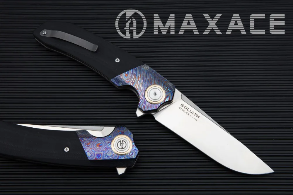 MAXACE Goliath складной нож Bohler K110 (D2) сталь атласное лезвие циркония Timascus/G10 Ручка