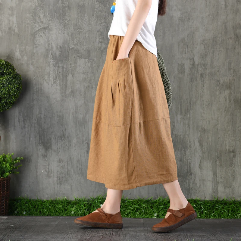 beige Hot Summer Waist coffee A Solid Green Skirts Yellow Vintage Elastic khaki 2019 Color Women deep Linen Saia Faldas Sale Cotton line Olive rwr0P1q
