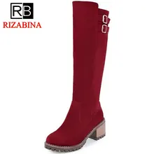 RizaBina 4 Colors Women High Heel Boots Metal Buckle Knee Boots Warm Fur Shoes For Cold