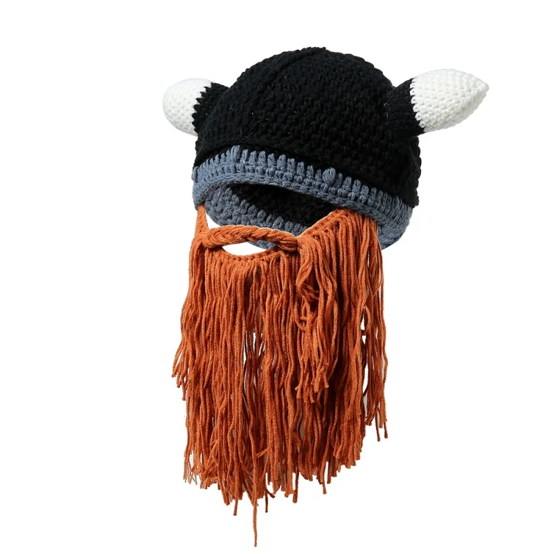 

Men's Barbarian Vagabond Viking Beard Beanie Horn Hats Handmade Winter Warm Birthday Cool Gifts Funny Gag Halloween Cap