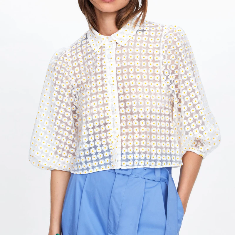 

Small Daisy Flower Printed Short Blouses Womens Sexy Transparent Tops Women Three Quarter Lantern Sleeve Shirts Female