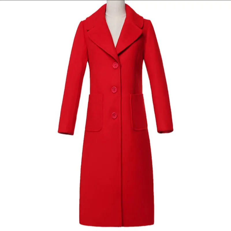 

2017 Fashion Women Woolen Coat Winter Slim Long Mandarin Collar Overcoat New Spring Red Black Coats Long Wool Outerwear QH0237