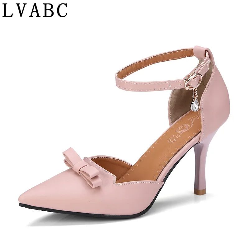 

LVABC Latest Shoes Women Pumps Spring Pointed Toe Basic Party Thin High Heels Bow Ladies Shoes Pink Black Large Size32-43