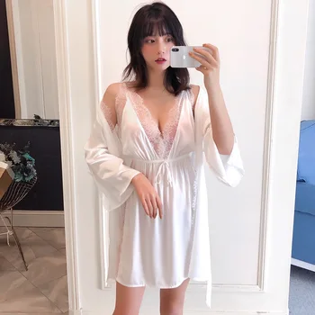 

NEW Female Faux Silk Sleepwear Nightgowns Summer Lace Women Robes 2PCS Solid Babydoll Lingerie Sexy Robe&Strap Home Suit