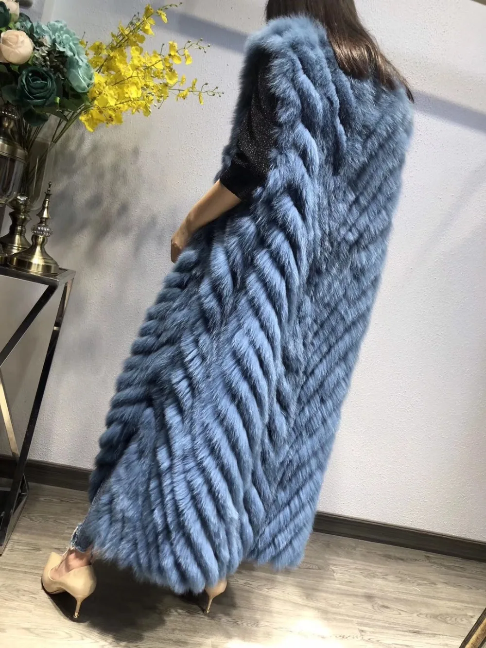 Вязаный пуловер из натурального Лисьего меха, женская мода, v-образный вырез, натуральный Лисий мех, Длинный жилет, женские топы