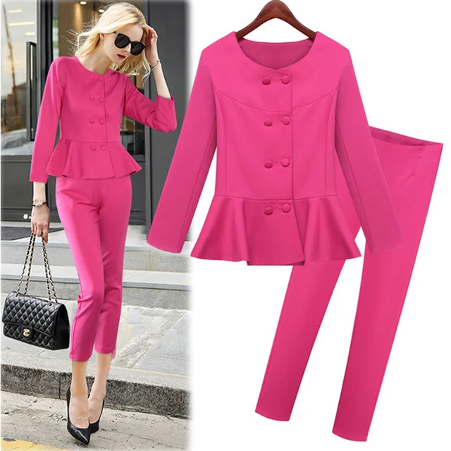 2015 NEWEST European Style Hot Pink Women Pants set 2pcs suits top